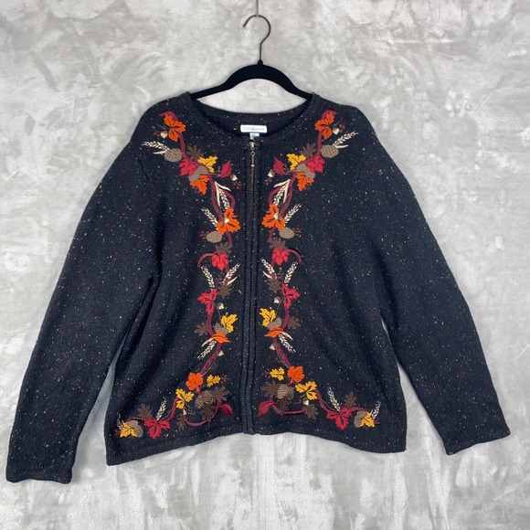 Croft & Barrow XL Cardigan Sweater Knit Embroidered Fall Autumn Leaves Grandma - Picture 1 of 10
